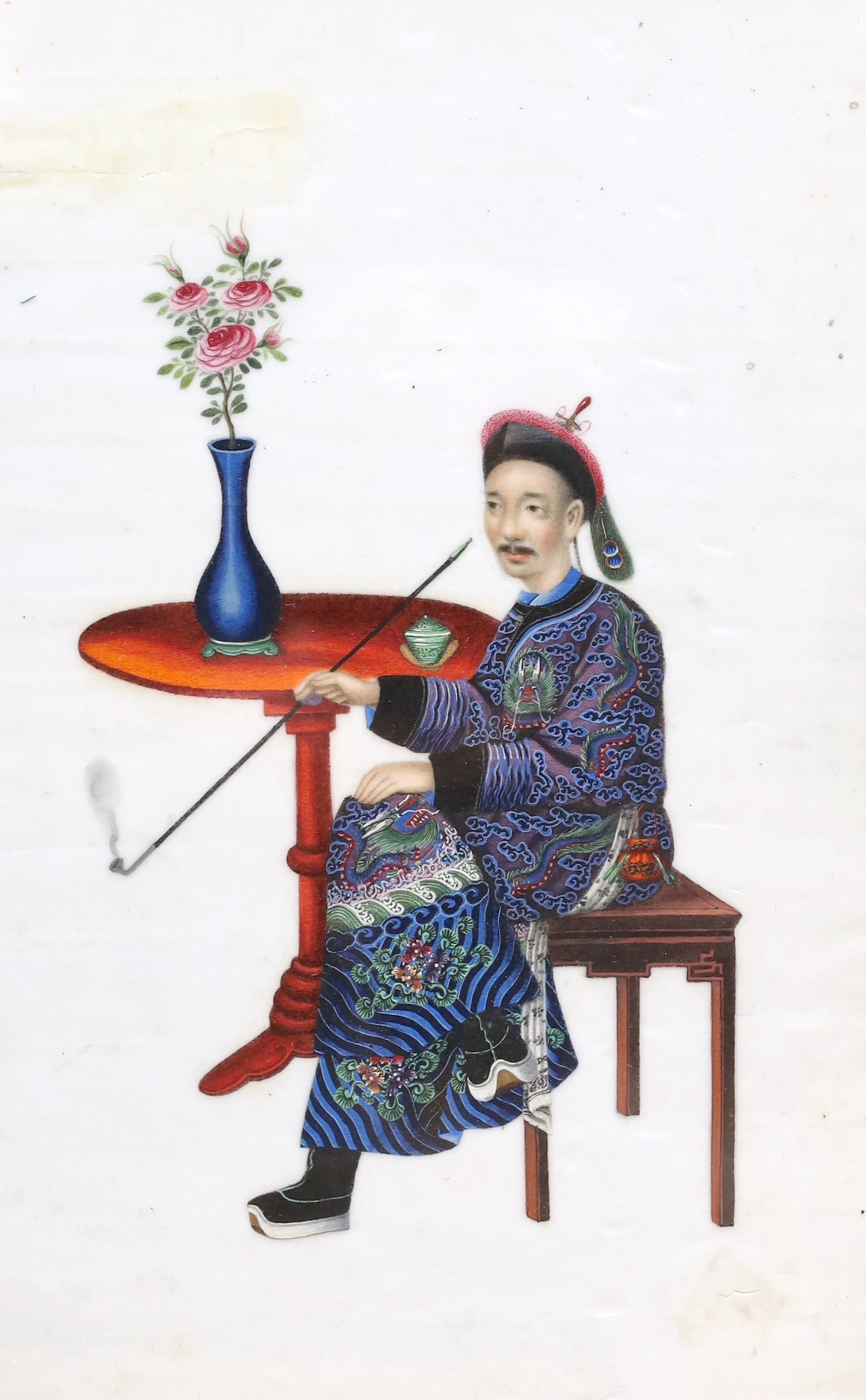 Chinese School, pair of gouaches on pith paper, Seated court figures, 29 x 18cm